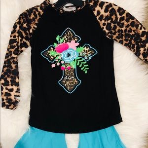 Leopard Cross Shirt with Teal Bellbottoms